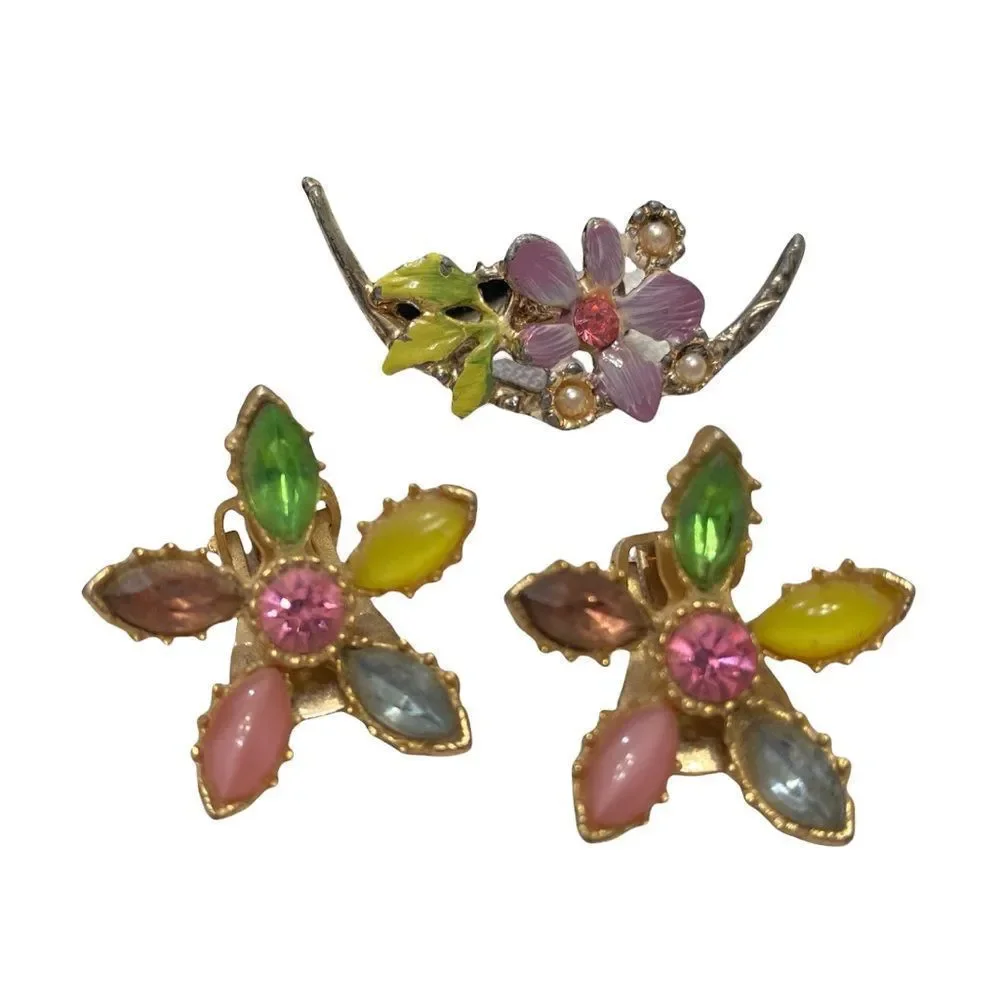 Vintage Multi Color Flower Rhinestone Earrings And Brooch - Picture 8 of 16